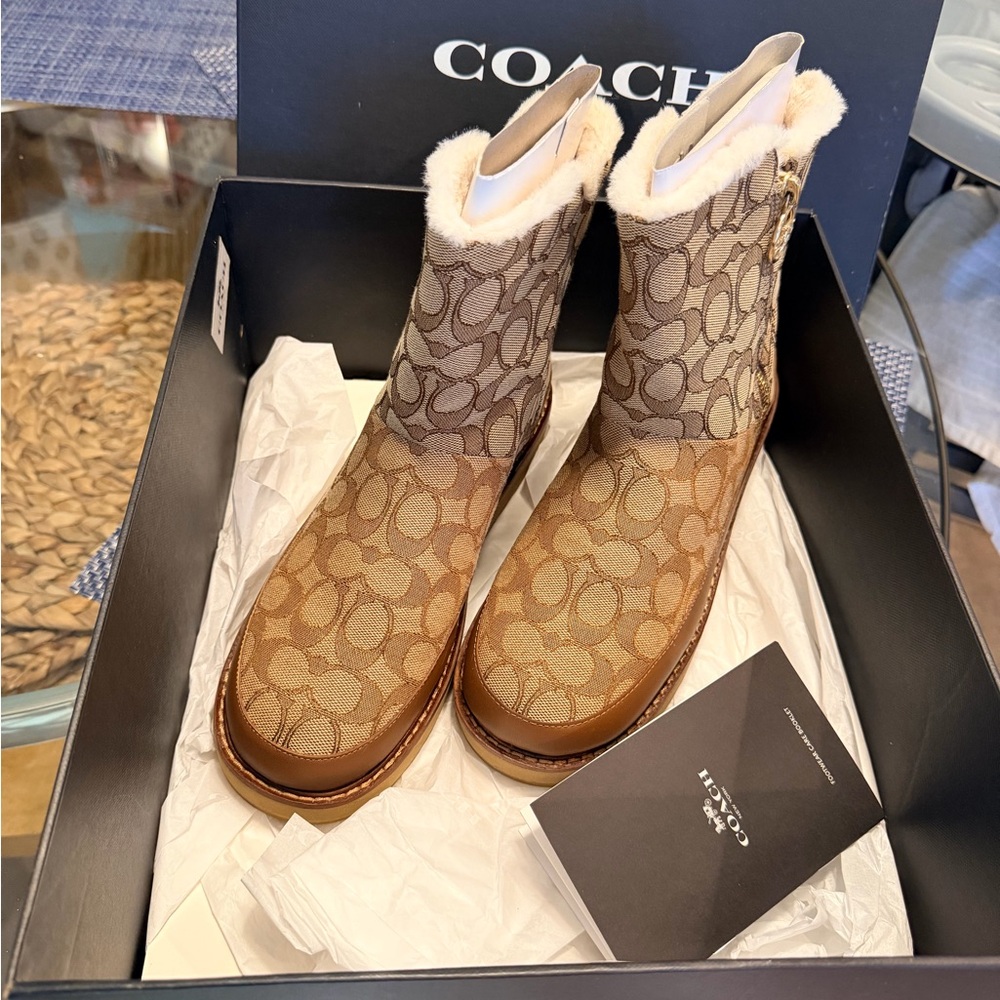 Coach Women's ISA JACQUARD BOOT - Khaki brown Patternen Winter Boots- US 8.5 B